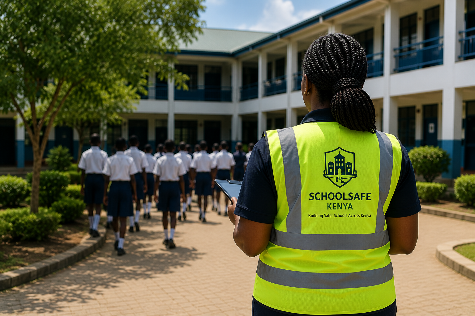 SchoolSafe Kenya safety officer overseeing a school evacuation drill